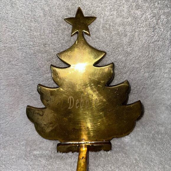 Vintage Solid Brass Tree Silhouette Christmas Stocking Hanger Flat Etched Debbie - Picture 1 of 7